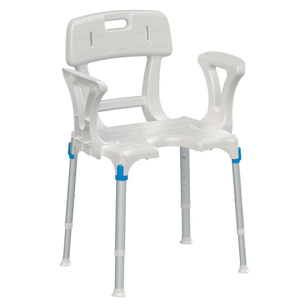 Tabouret de douche RUSSKA « laguna » avec découpe hygiénique, accoudoir, dossier