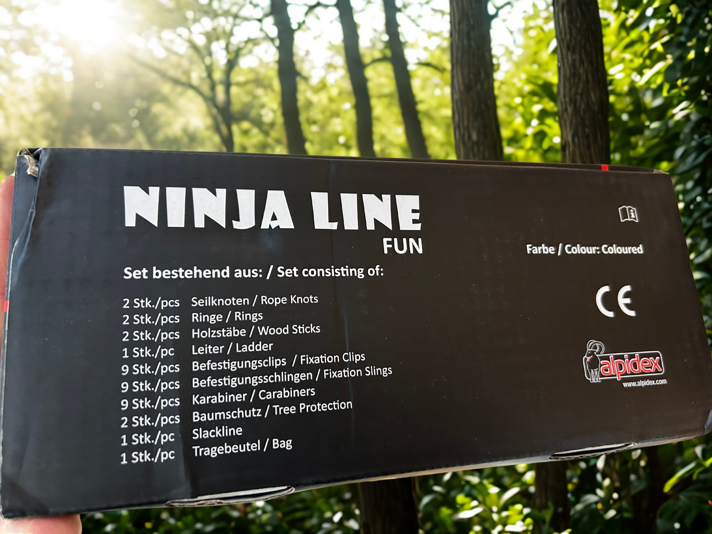 ALPIDEX Ninja Line Slackline Set 15 m für Jugendliche und Erwachsene mit Ringen Seilknoten