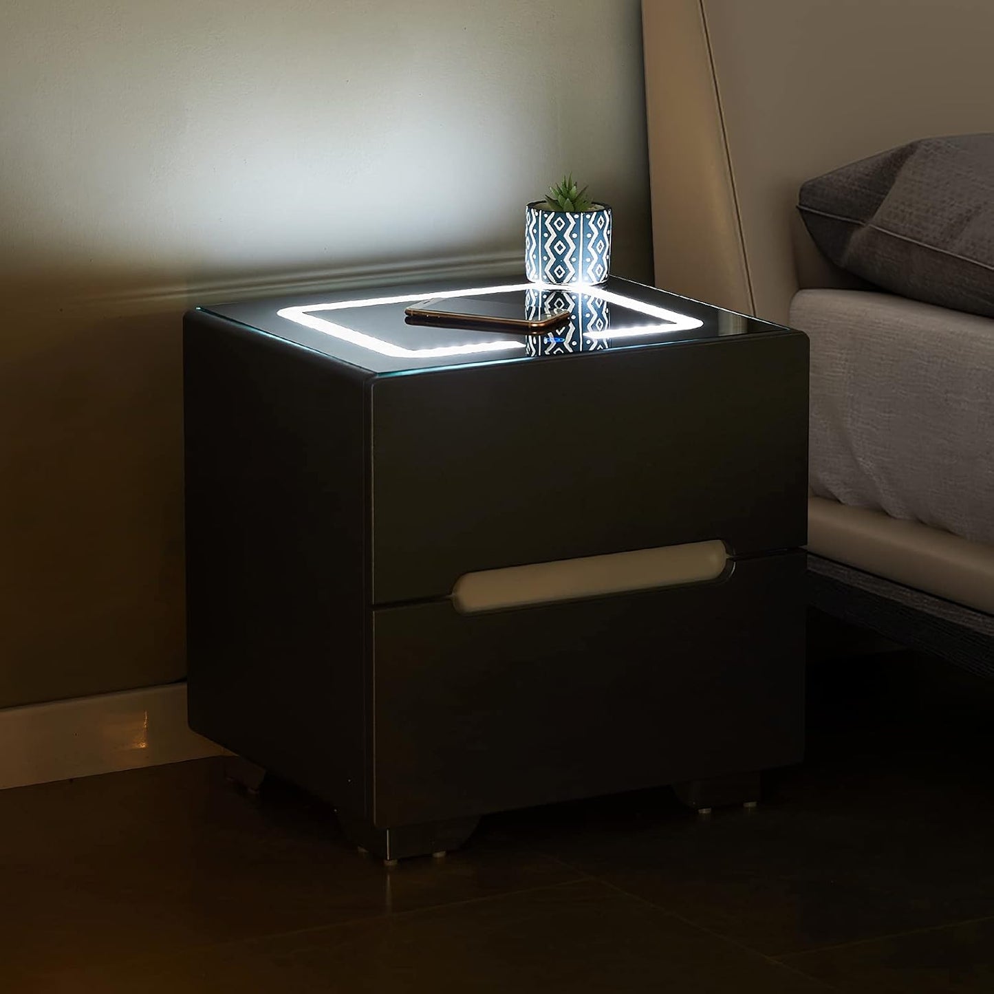 Table de chevet pour chambre à coucher avec chargeur sans fil et commande tactile couleur