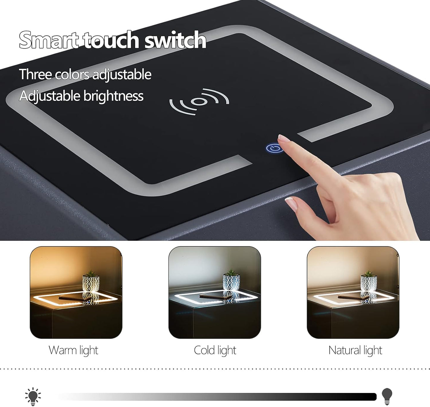 Table de chevet pour chambre à coucher avec chargeur sans fil et commande tactile couleur