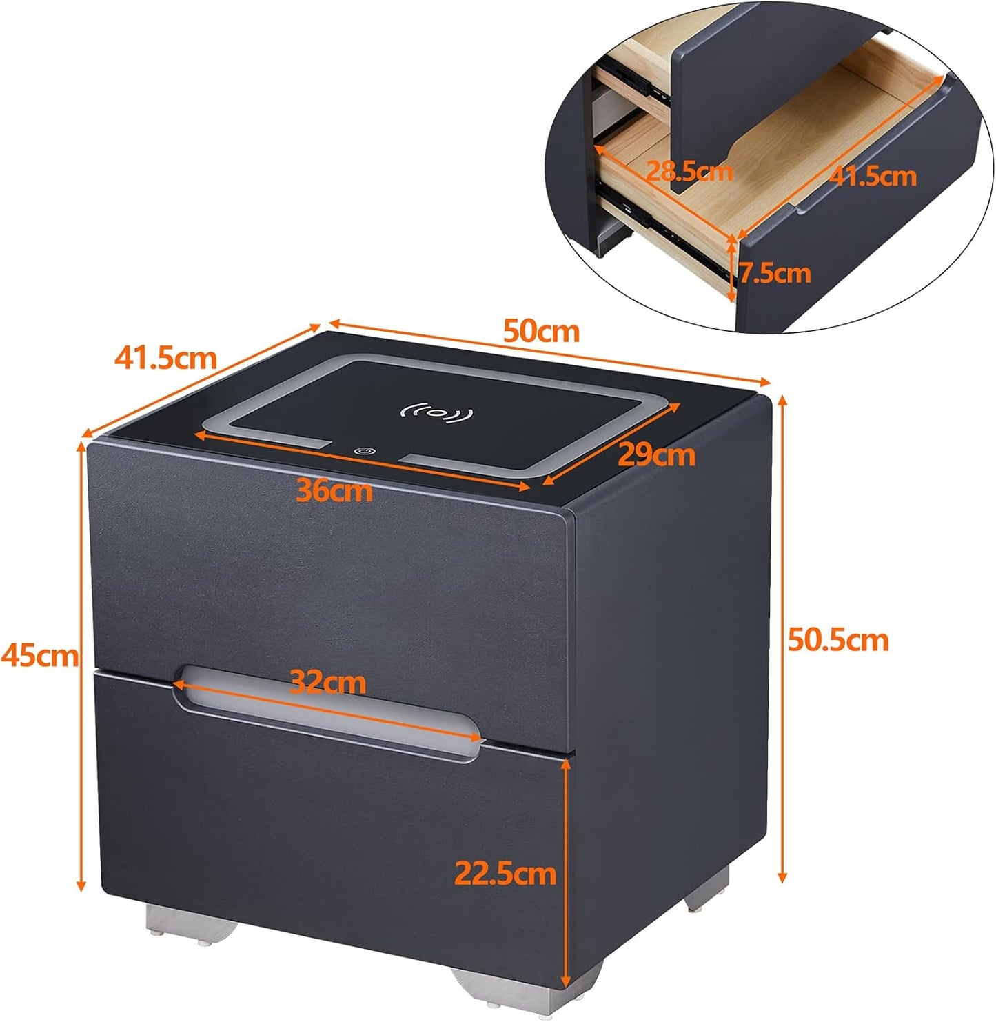 Table de chevet pour chambre à coucher avec chargeur sans fil et commande tactile couleur