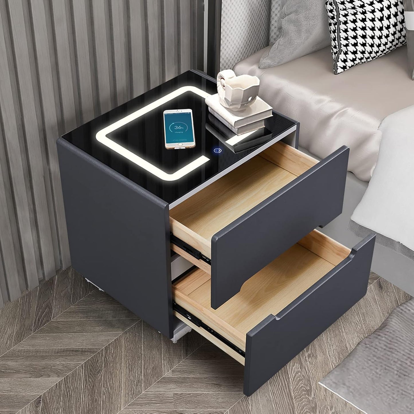 Table de chevet pour chambre à coucher avec chargeur sans fil et commande tactile couleur
