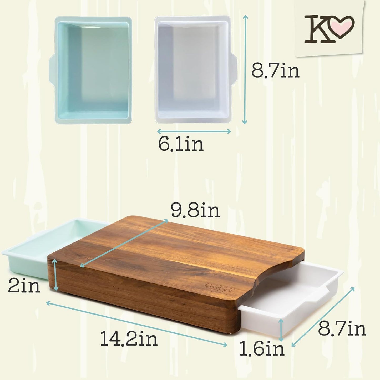 Planche à découper Kristie's Kitchen avec récipients | Planches à découper en bois d'acacia bio pour la cuisine | Planches à découper et bols de service | Plateau à tapas | Planche à découper en acacia