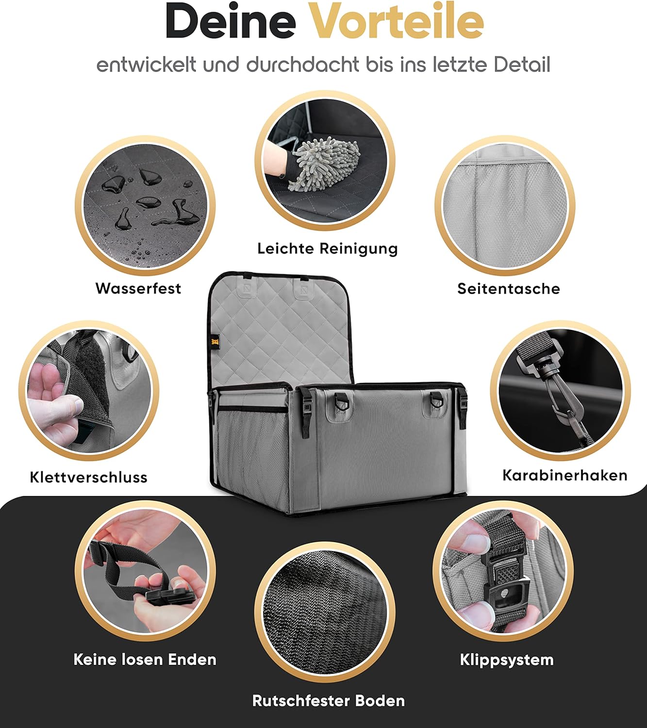 Siège auto pour chien ultra-résistant HELDENWERK - Parois renforcées et 5 sangles - Siège auto imperméable pour chien (gris, taille standard)