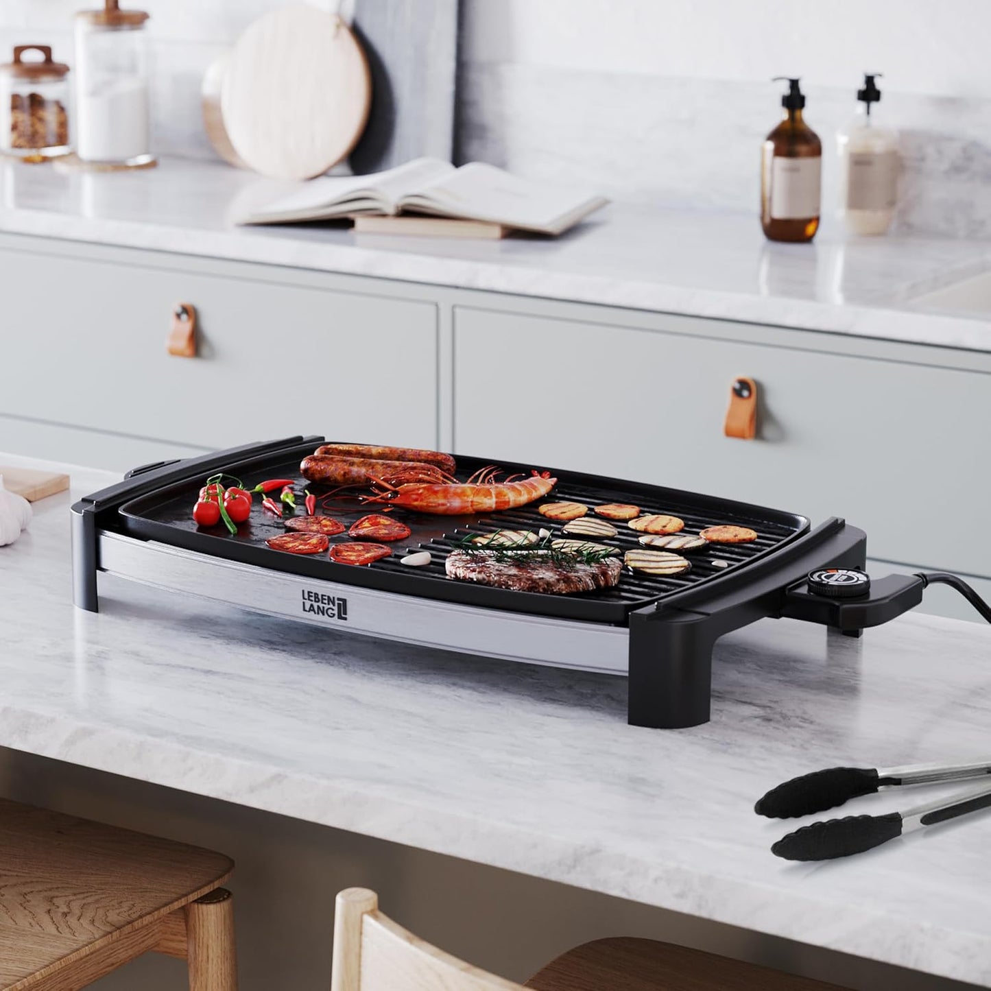 Barbecue électrique LIFETIME 2200 W – Barbecue électrique pour 4 à 8 personnes | Barbecue portable XXL pour l'intérieur | Barbecue de table Tepaniaky pour balcon