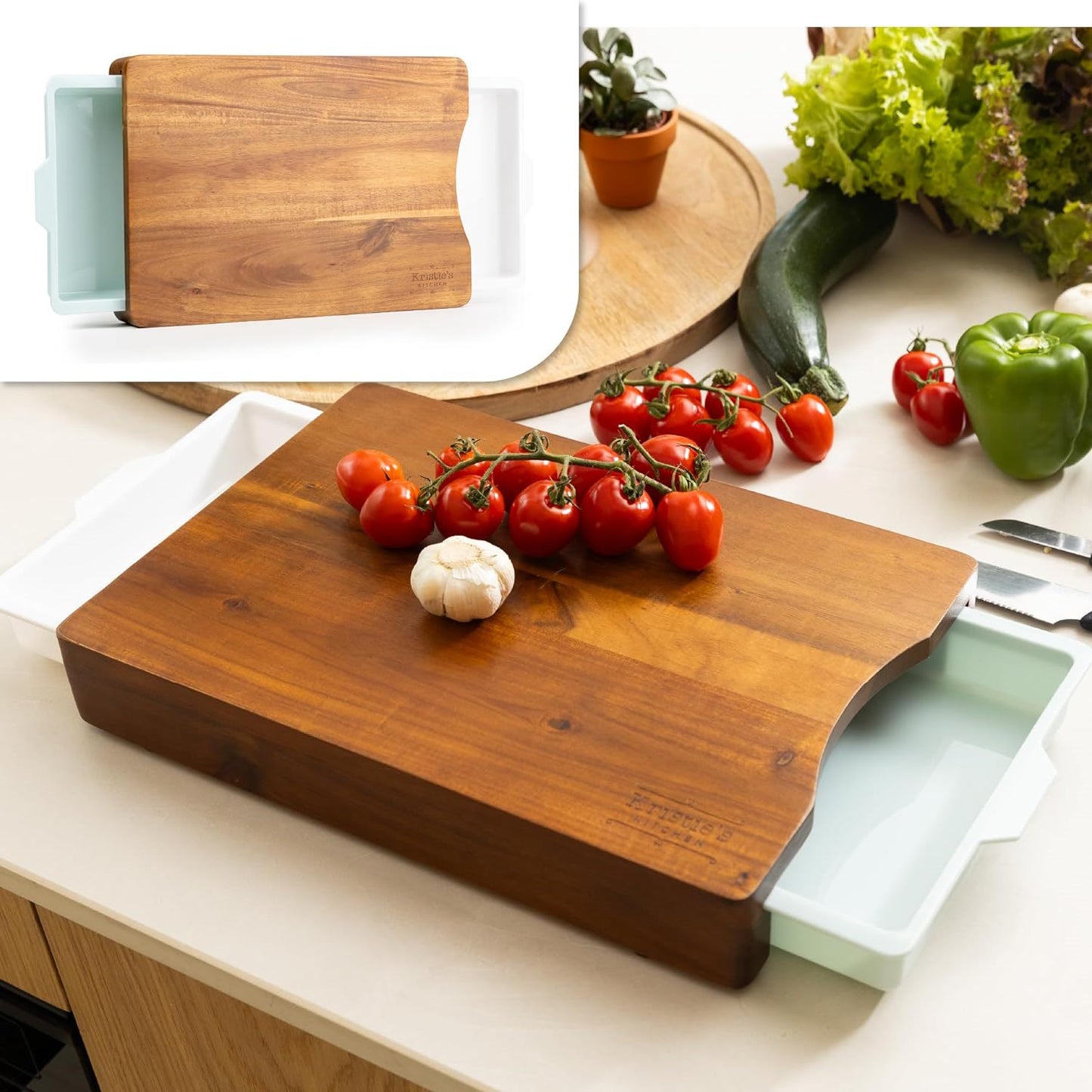 Planche à découper Kristie's Kitchen avec récipients | Planches à découper en bois d'acacia bio pour la cuisine | Planches à découper et bols de service | Plateau à tapas | Planche à découper en acacia