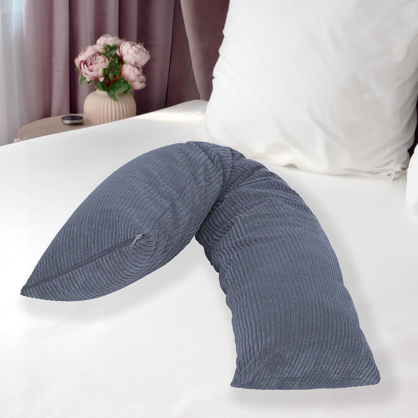 Side sleeper pillow, grey corduroy, 200x40 cm