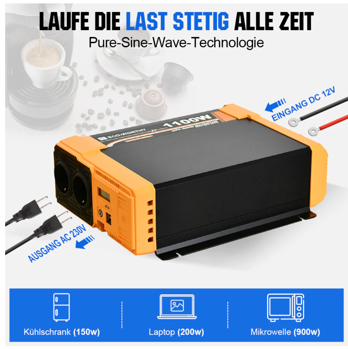ECO-WORTHY - Inverter 12v to 230v, 1100W