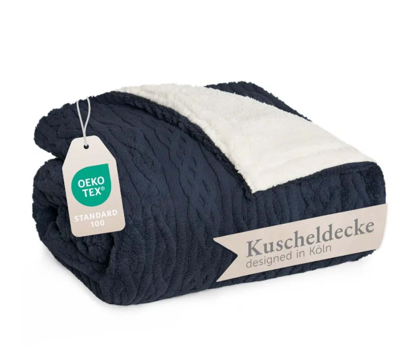 BLUMTAL CUDDLY BLANKET with cable knit look 240x220mm blue/beige