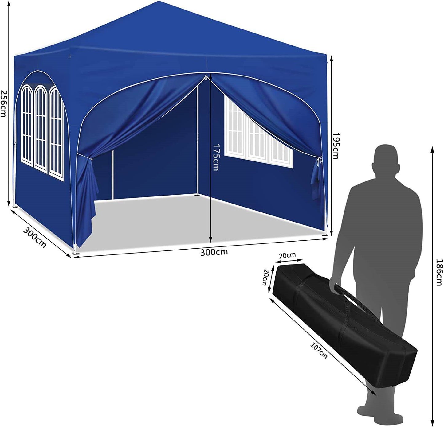 WOLTU Gazebo, Folding Gazebo 3x3 m, with 4 Sidewalls, Party Tent Water-Repellent UV Protection 50+, Height-Adjustable Garden Gazebo, with Carrying Bag, for Outdoor Garden Camping Blue