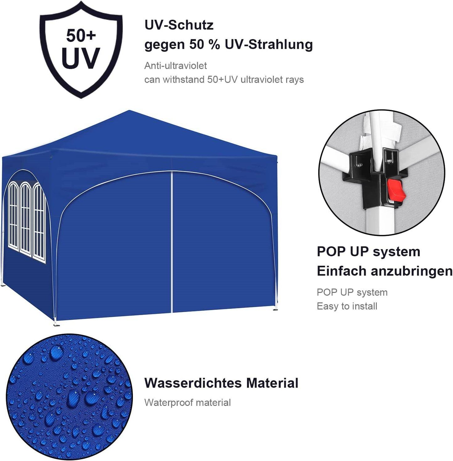 WOLTU Gazebo, Folding Gazebo 3x3 m, with 4 Sidewalls, Party Tent Water-Repellent UV Protection 50+, Height-Adjustable Garden Gazebo, with Carrying Bag, for Outdoor Garden Camping Blue
