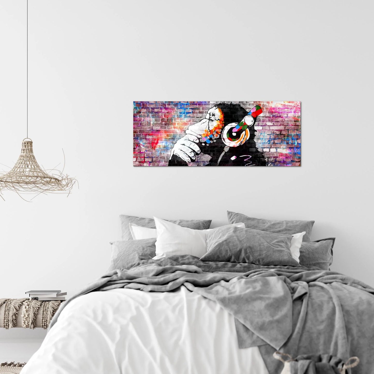 RunaArt - Bild Wohnzimmer Banksy Affe mit Kopfhörer, 100x40cm Schlafzimmer Flur Deko Wandbild