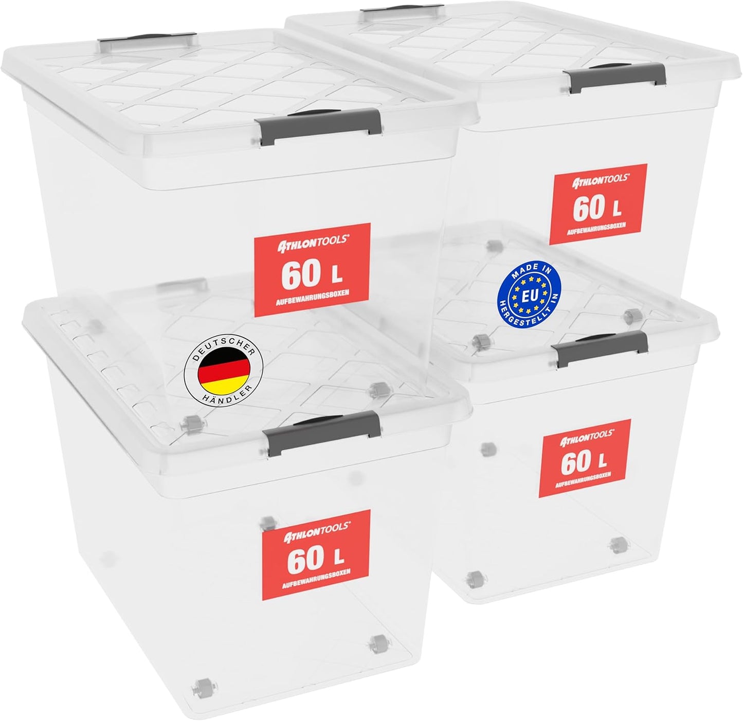 ATHLON TOOLS - 4x 60 L storage boxes with lids, food-safe - locking clips - 100% new material plastic box transparent - stackable clothing boxes