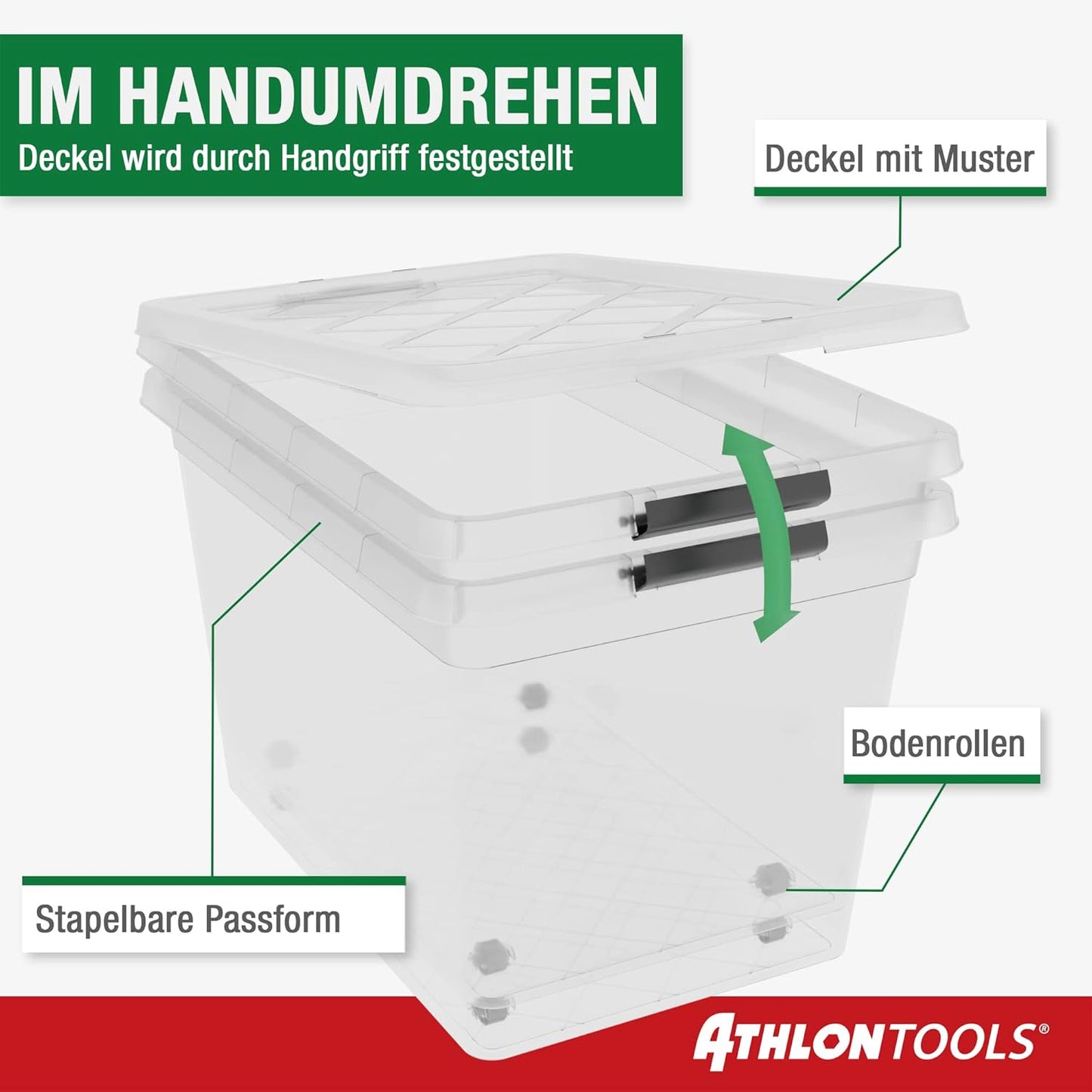 ATHLON TOOLS - 4x 60 L storage boxes with lids, food-safe - locking clips - 100% new material plastic box transparent - stackable clothing boxes