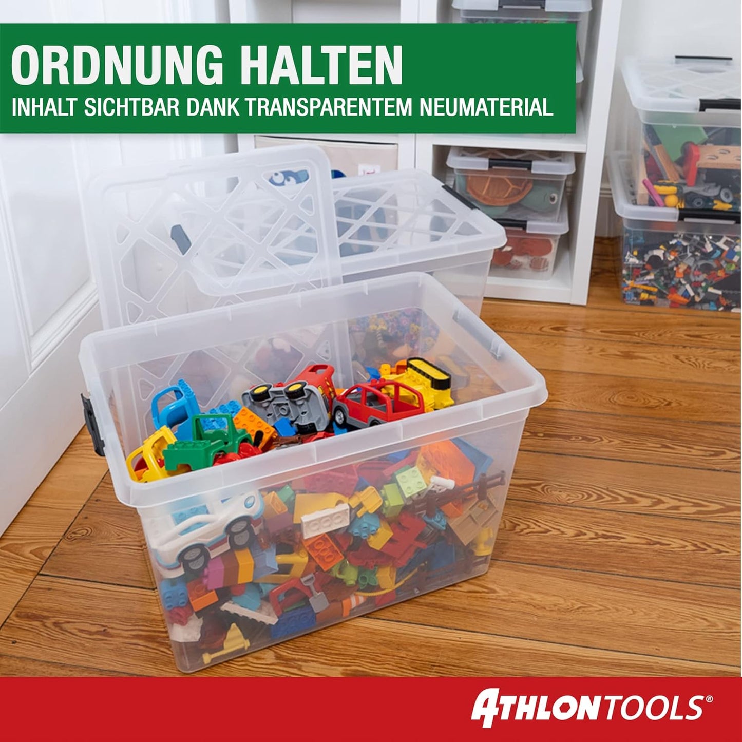 ATHLON TOOLS - 4x 60 L storage boxes with lids, food-safe - locking clips - 100% new material plastic box transparent - stackable clothing boxes