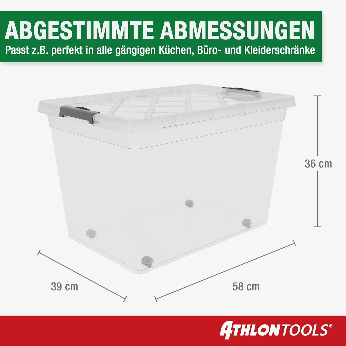 ATHLON TOOLS - 4x 60 L storage boxes with lids, food-safe - locking clips - 100% new material plastic box transparent - stackable clothing boxes