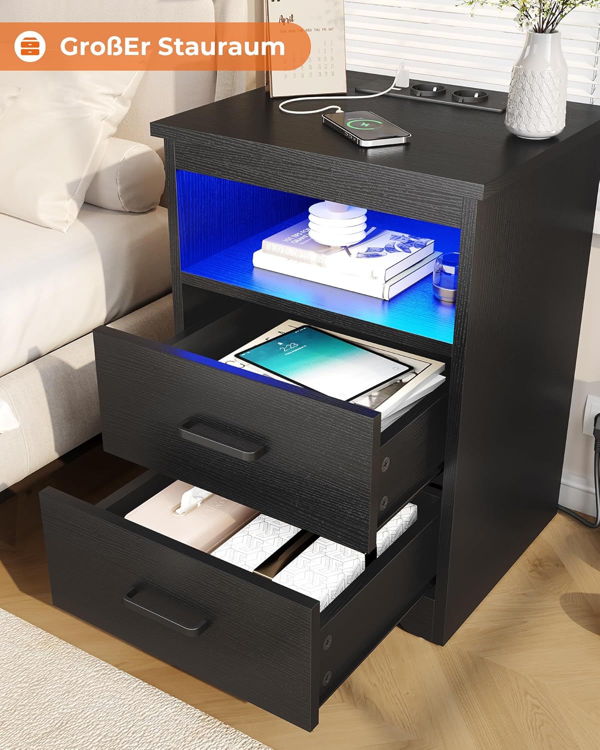 KIMENICH Nachttisch mit LED-Beleuchtung,Nachtschrank mit Ladestation,USB-Anschlüssen,2 Schubladen,Sofatisch, für Schlafzimmer, Wohnzimmer (Schwarz)