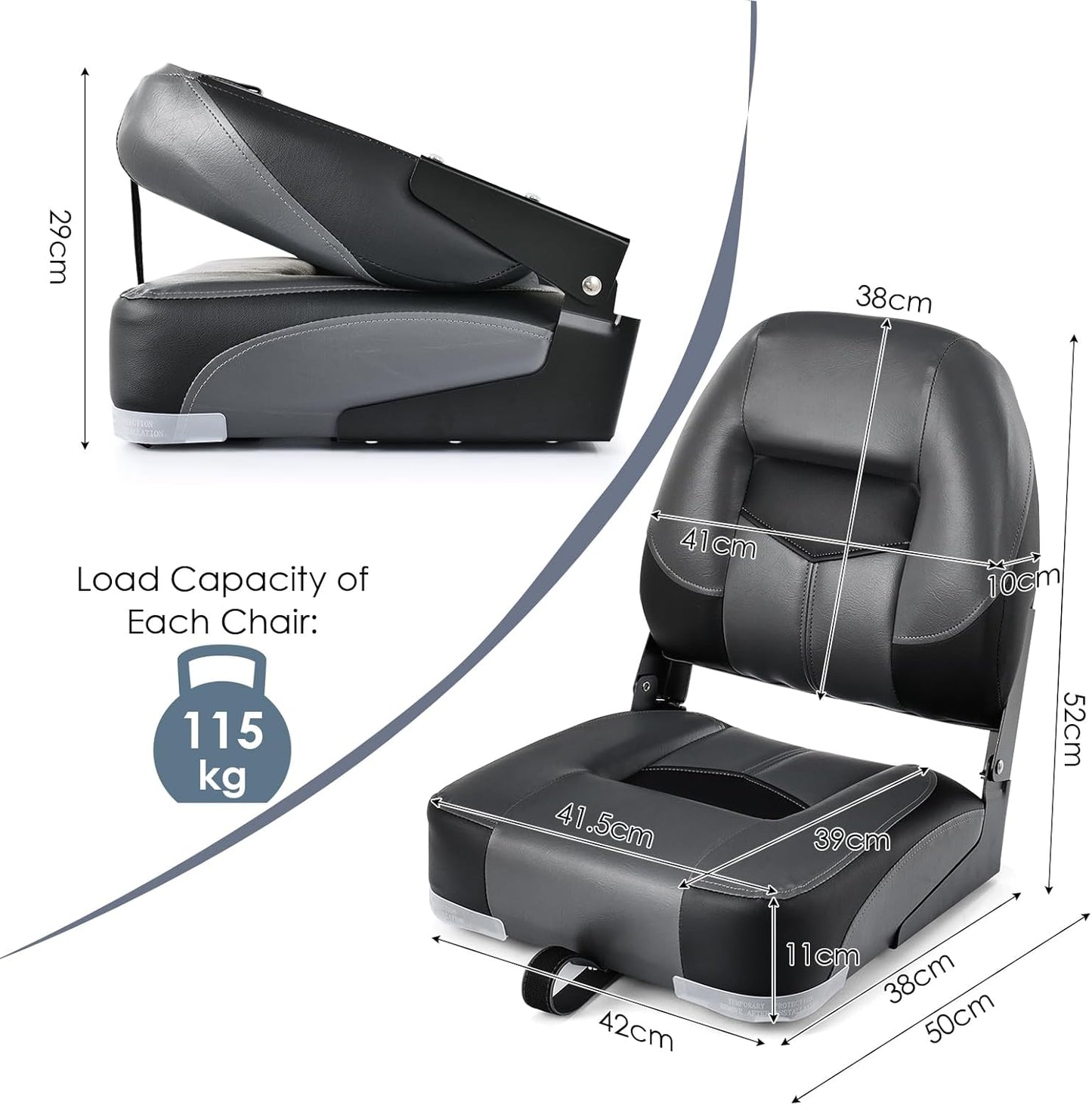 KOMFOTTEU 2-seater folding boat seat, padded boat chair made of PVC & PP, helm seat with 11 cm thick, highly elastic foam, boat seat load capacity up to 110 kg, 50 x 52 x 42 cm (black)