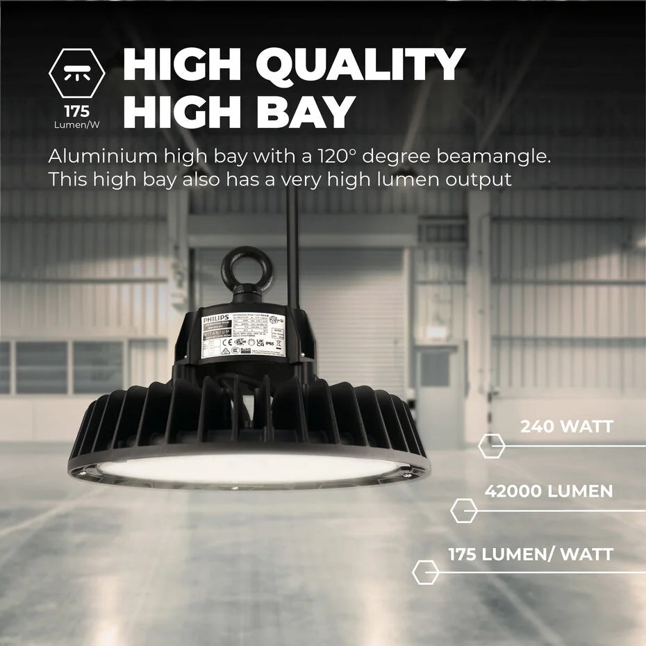 Luminaire LED haute baie 240 W - Driver Philips - 120° - 175 lm/W - 4 000 K - IP65 - Gradable - Certifié GS
