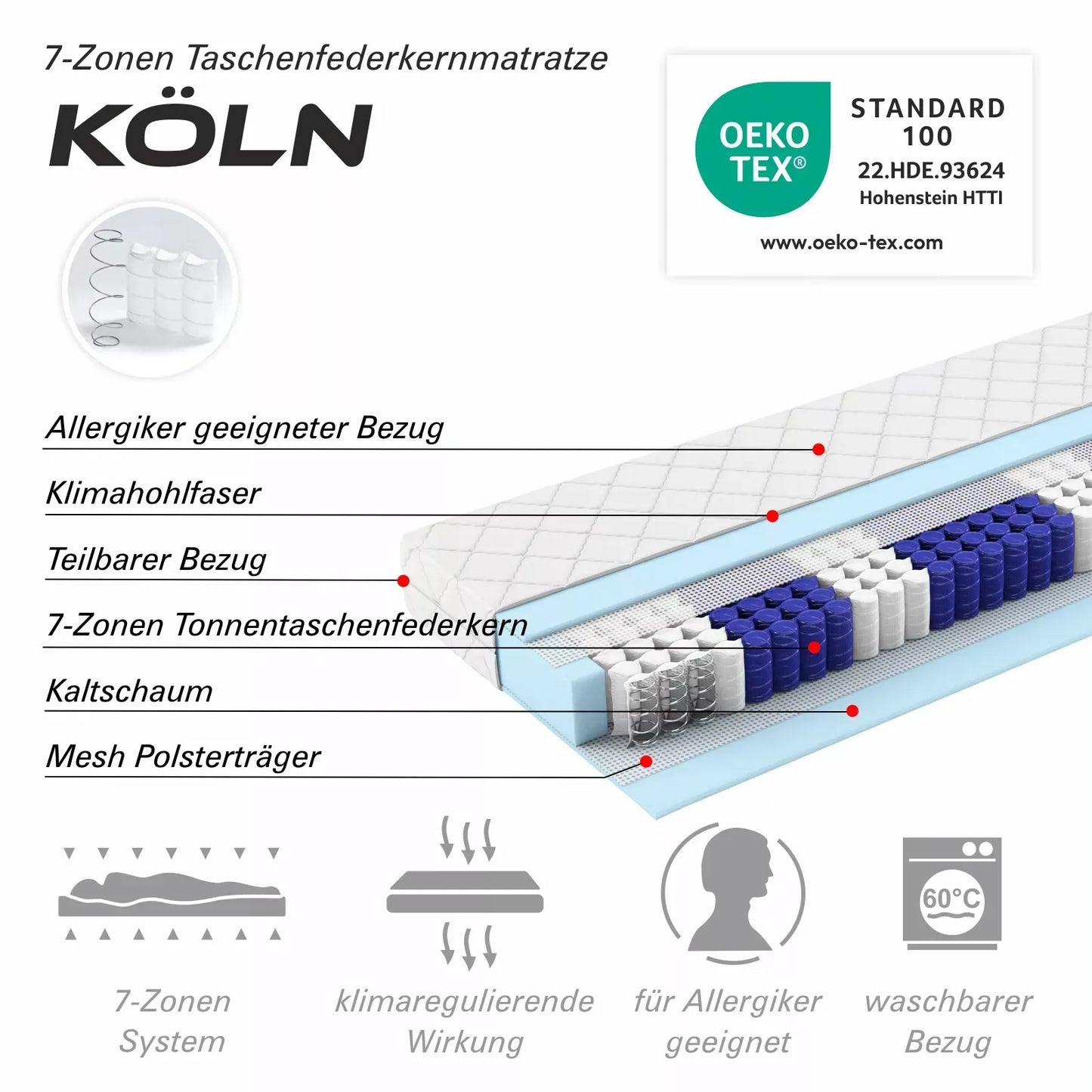 Taschenfederkernmatratze Köln, 100x200cm, Härtegrad H4, mit 7 Komfortzonen