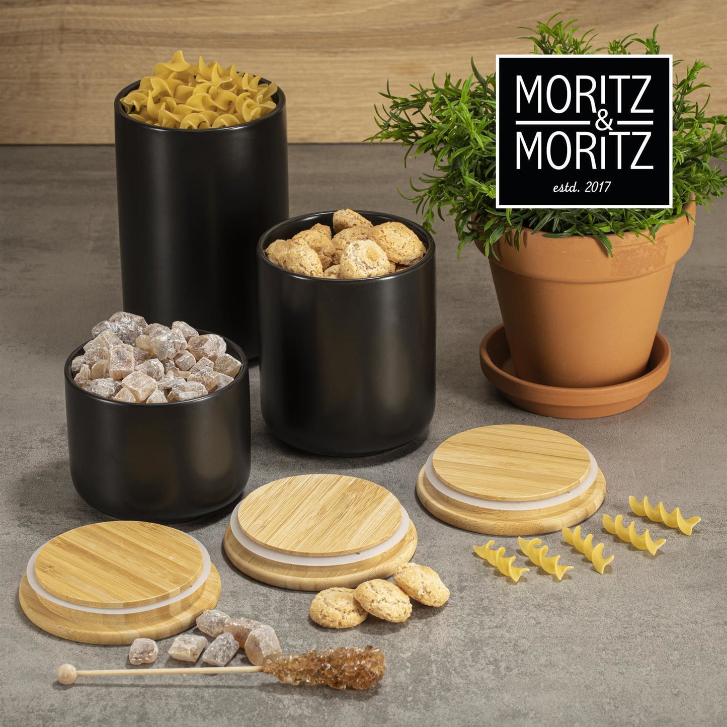 Moritz & Moritz 3x Vorratsdosen Schwarz 400ml, 600ml & 900 ml - Beschreibbar – 3x Keksdosen Keramik mit Deckel aus Bambus – Keramik Aufbewahrungsdose