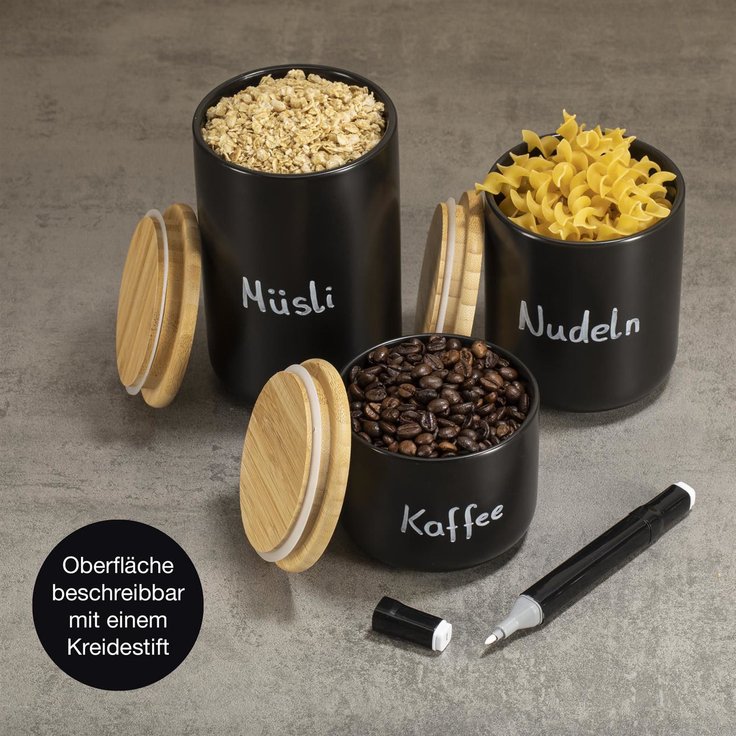 Moritz & Moritz 3x Vorratsdosen Schwarz 400ml, 600ml & 900 ml - Beschreibbar – 3x Keksdosen Keramik mit Deckel aus Bambus – Keramik Aufbewahrungsdose