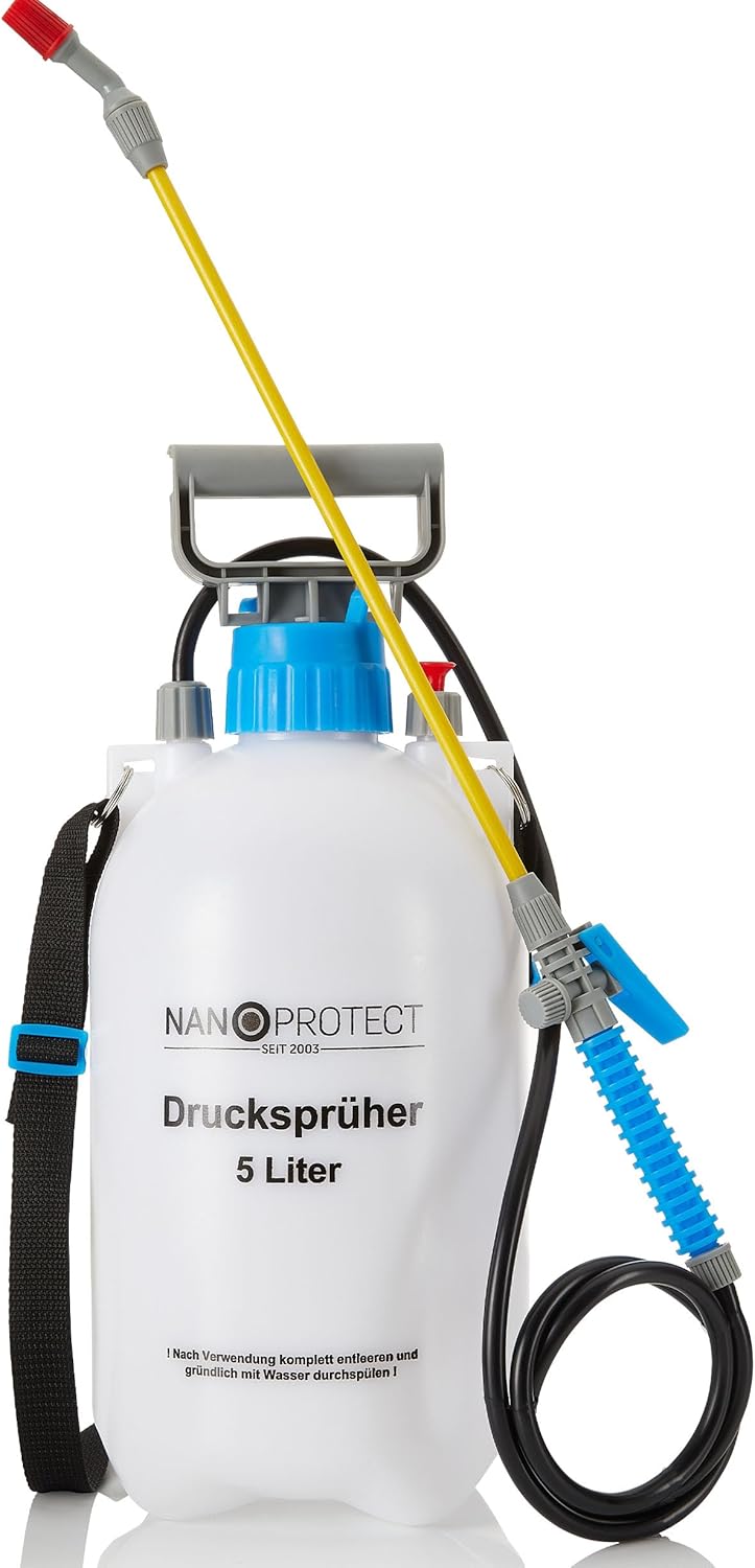 Nanoprotect Drucksprüher 5 L | Universelle Sprühflasche für Essigsäure, Wasser, Dünger und mehr | Mit Schlauch, Tragegurt und Verstellbarer Düse aus Kunststoff | Pumpsprüher