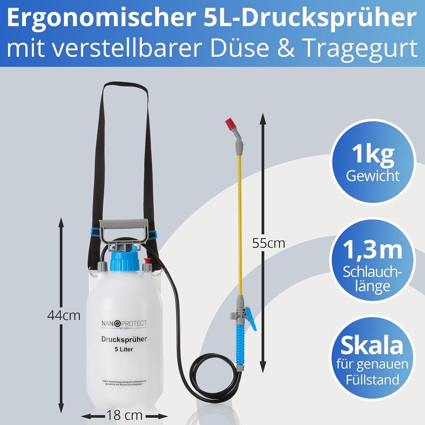 Nanoprotect Drucksprüher 5 L | Universelle Sprühflasche für Essigsäure, Wasser, Dünger und mehr | Mit Schlauch, Tragegurt und Verstellbarer Düse aus Kunststoff | Pumpsprüher