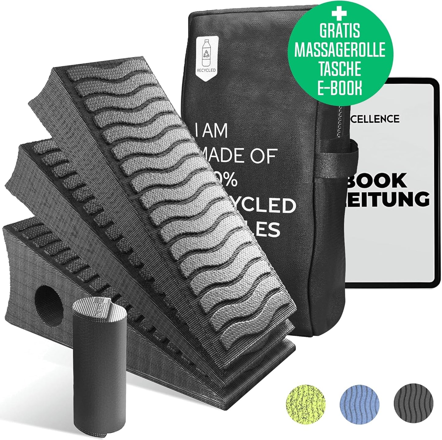 FITCELLENCE® Wadendehner 4er Set, inkl. Massagerolle & Tragetasche aus PET Flaschen, Kniekeil, Wadenstrecker zum Dehnen, Wadendehner Keil mit Übungen, Mobilisationskeil
