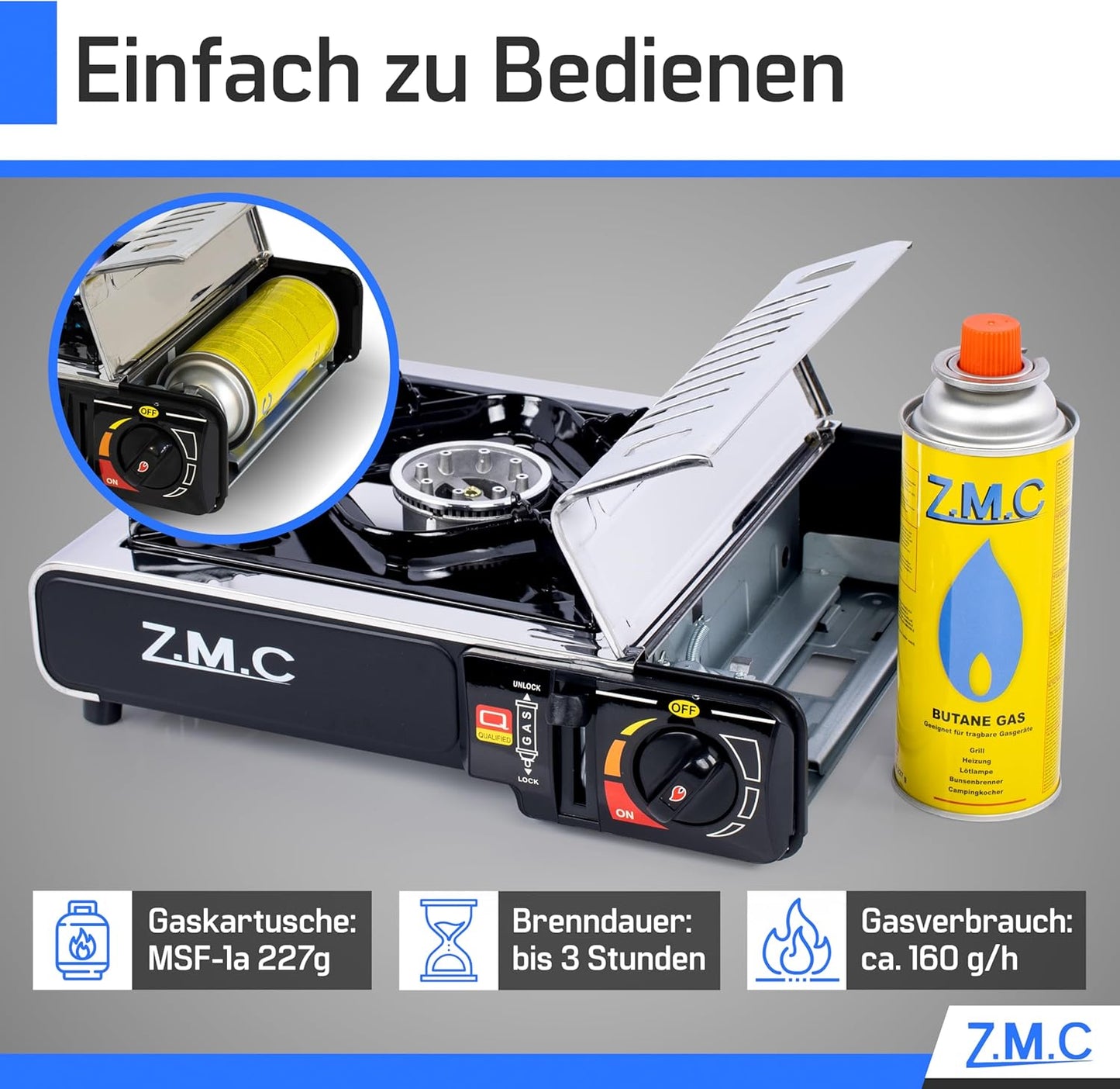 1-flammiger ZMC Edelstahl Gaskocher inkl. Aufbewahrungskoffer, Campingkocher Set für Outdoor und Innenraum, mit Piezozündung
