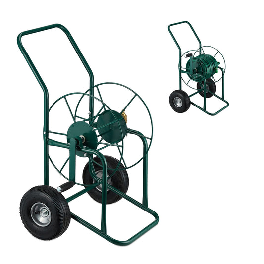 Relaxdays - Hose trolley metal, 2 wheels A green, for 80 m hose