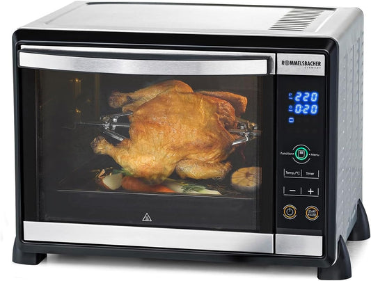 ROMMELSBACHER Elektronik Back & Grill Ofen BGE 1580/E - 30 Liter Backraum, elektronische Regelung von 80-230 °C, Touch Control, 8 Heizarten, Umluft, Drehspieß, Timer, Doppelverglasung, Edelstahl