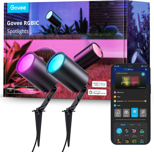 Govee Outdoor LED Strahler, IP65 Wasserdichte Gartenstrahler, Funktioniert mit Alexa, RGBIC Farbwechsel, 16M Farben Dimmbar 500lm, WiFi LED Strahler Außen für Garten 2er Pack [Energieklasse G]
