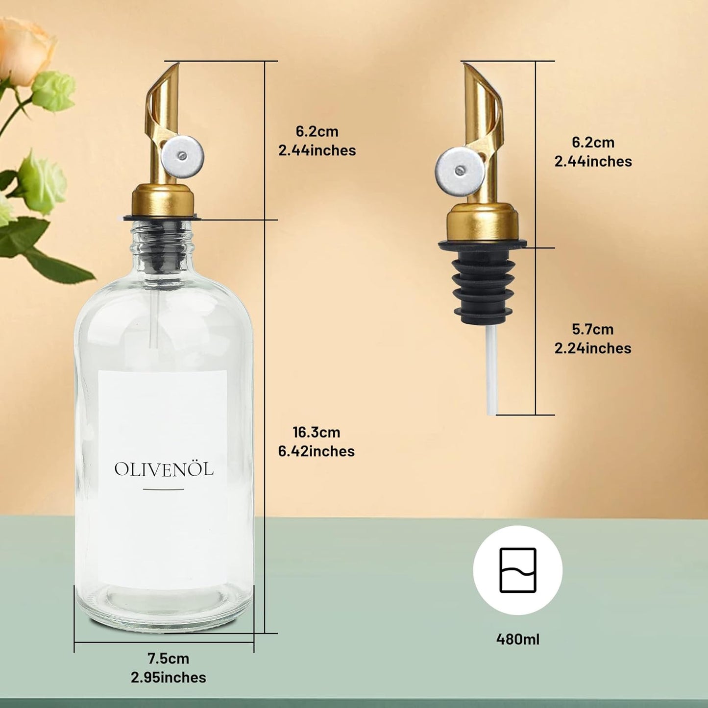 Lot de 3 distributeurs d'huile avec bec verseur, bouteilles en verre de 480 ml