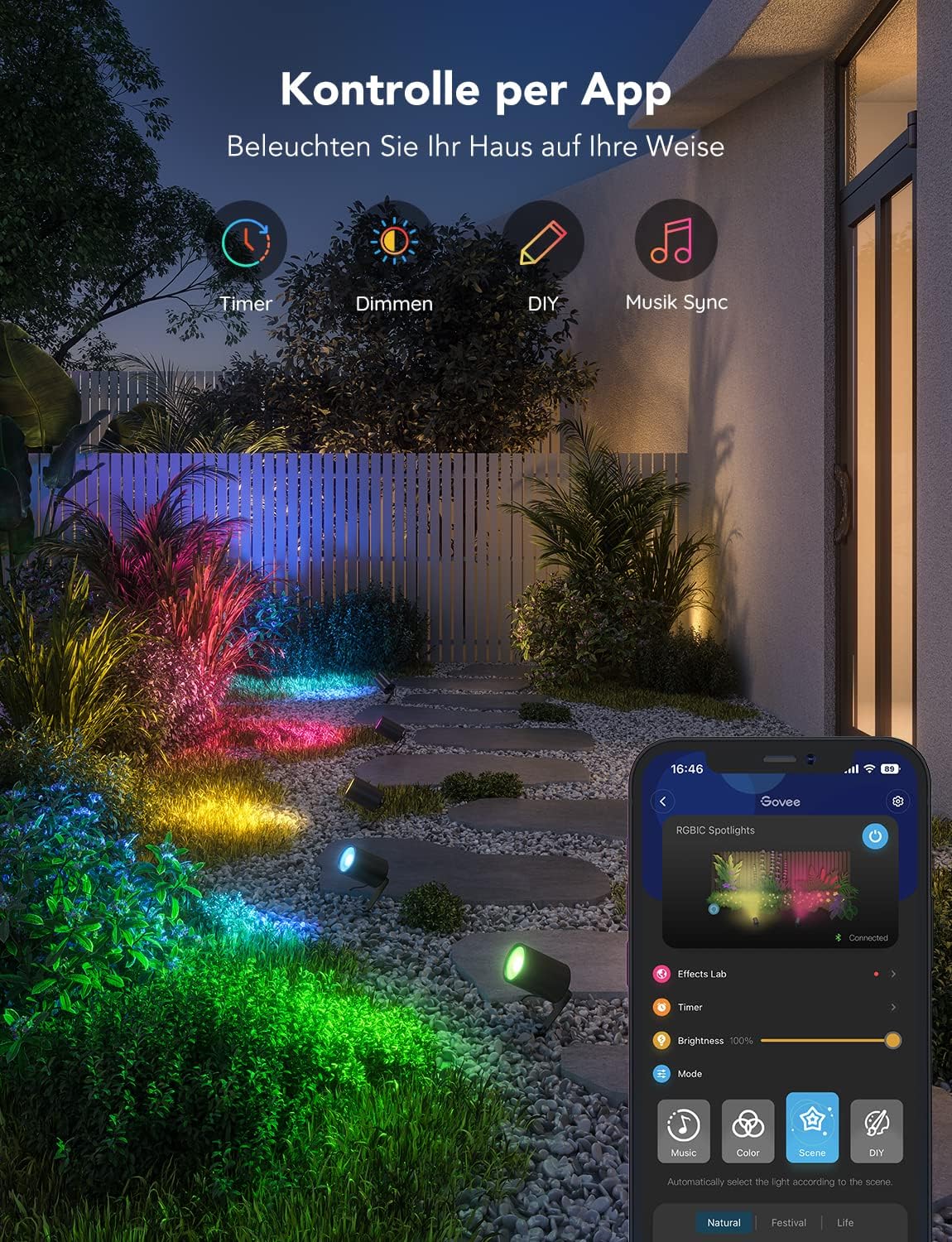 Govee Outdoor LED Spotlights, IP65 Waterproof Garden Spotlights, Works with Alexa, RGBIC Color Changing, 16M Color Dimmable 500lm, WiFi LED Spotlights Outdoor for Garden 2-Pack [Energy Class G]