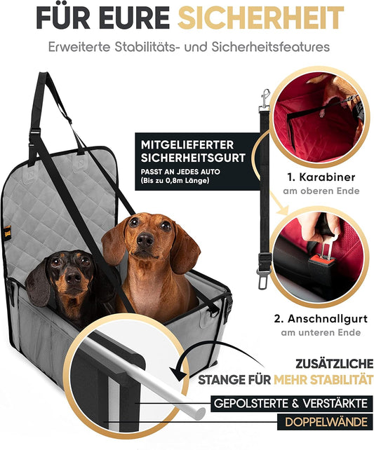 Siège auto pour chien ultra-résistant HELDENWERK - Parois renforcées et 5 sangles - Siège auto imperméable pour chien (gris, taille standard)