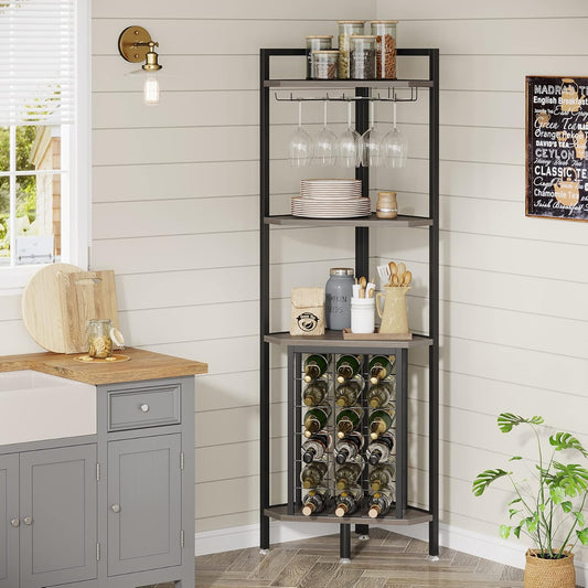 Tribesigns Freestanding Floor Wine Rack, 4-Tier Corner Wine Rack with Glass Holder &amp; Wine Storage, Industrial Wine Rack Wine Bar Cabinet for Bar, Kitchen, Dining Room, Gray
