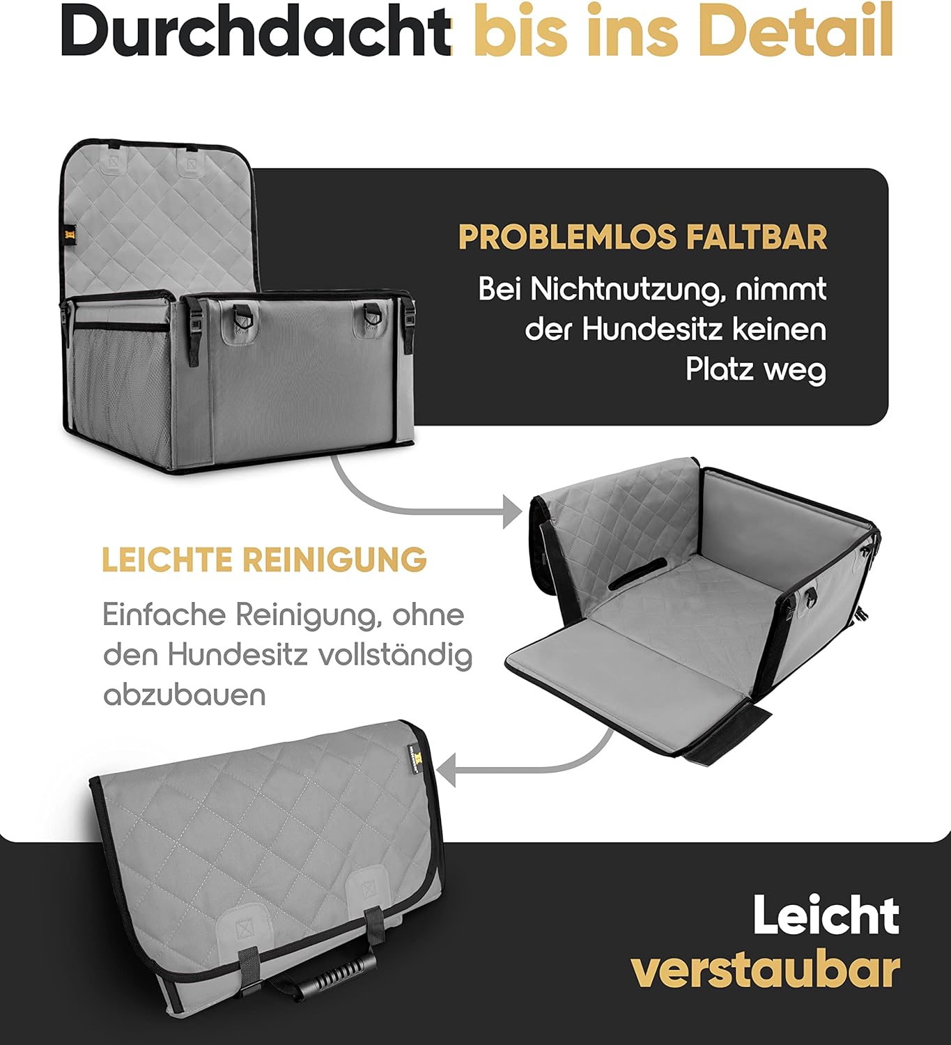 Siège auto pour chien ultra-résistant HELDENWERK - Parois renforcées et 5 sangles - Siège auto imperméable pour chien (gris, taille standard)