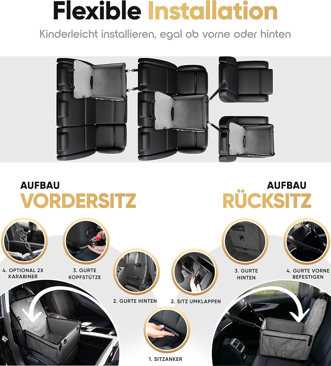 Siège auto pour chien ultra-résistant HELDENWERK - Parois renforcées et 5 sangles - Siège auto imperméable pour chien (gris, taille standard)