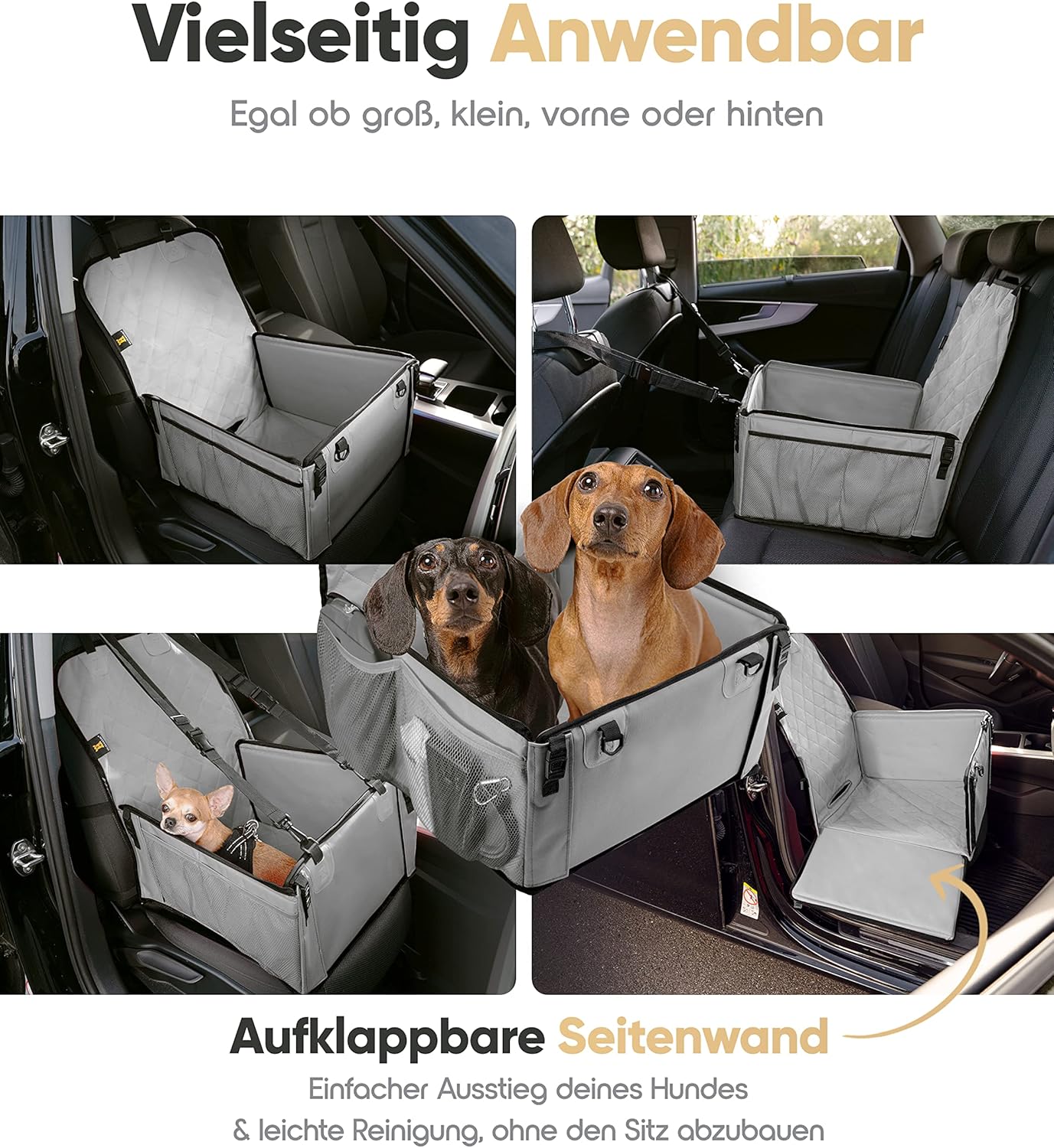 Siège auto pour chien ultra-résistant HELDENWERK - Parois renforcées et 5 sangles - Siège auto imperméable pour chien (gris, taille standard)