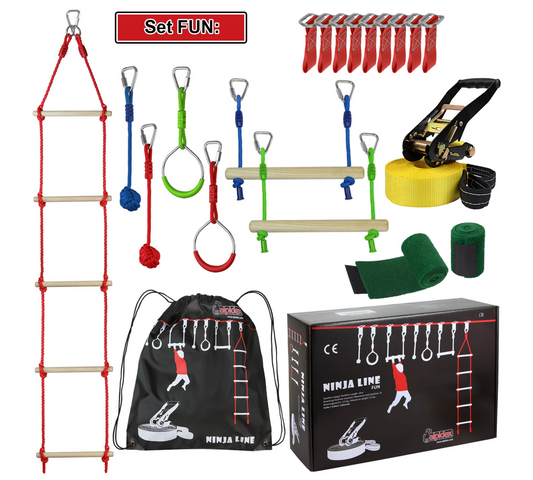 ALPIDEX Ninja Line Slackline Set 15 m für Jugendliche und Erwachsene mit Ringen Seilknoten