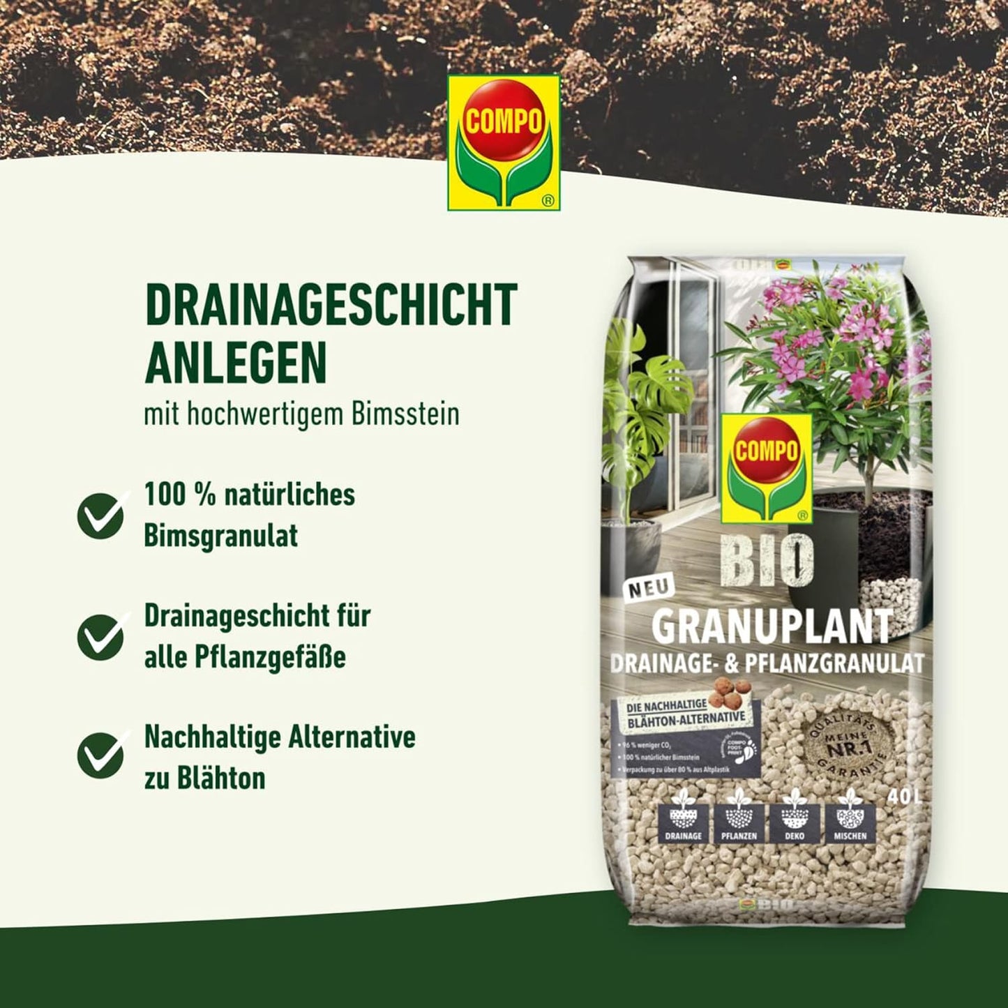 COMPO BIO GRANUPLANT® Drainage- und Pflanzgranulat – 100% natürlicher Bimsstein – nachhaltige Alternative zu Blähton 40L