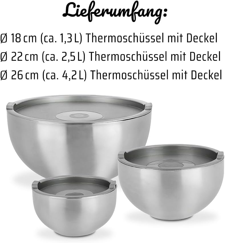 GSW 824019 THERMO BOWL set with plastic lid, 6 pieces, stainless steel, silver
