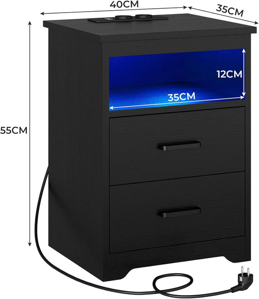 KIMENICH Nachttisch mit LED-Beleuchtung，Nachtschrank mit Ladestation，USB-Anschlüssen，2 Schubladen，Sofatisch, für Schlafzimmer, Wohnzimmer (Schwarz)