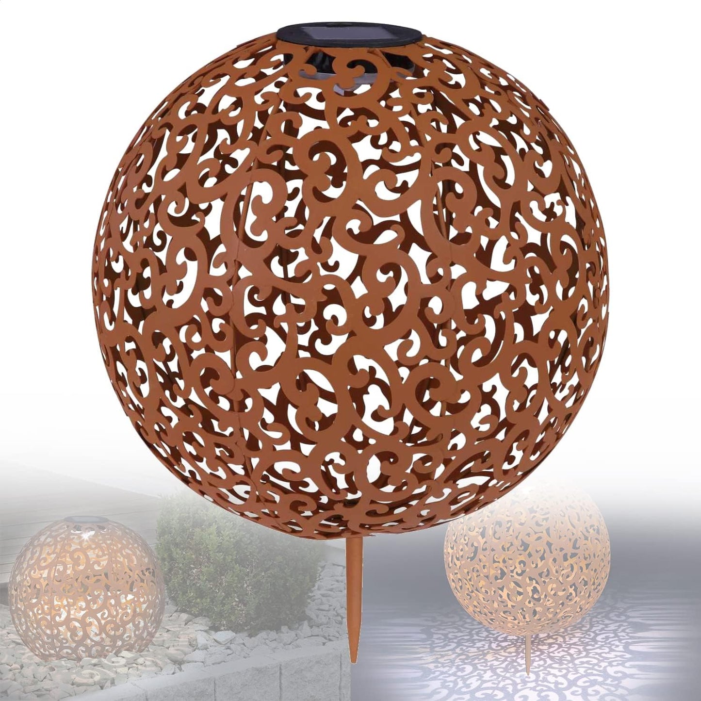 Solarlampe für Außen Garten Kugel Rost Optik - Gartendeko Solar Vintage - Solarleuchte Garten Deko Balkon - Außenlampe LED Solarkugel - Gartenlampe Durchmesser 28 cm