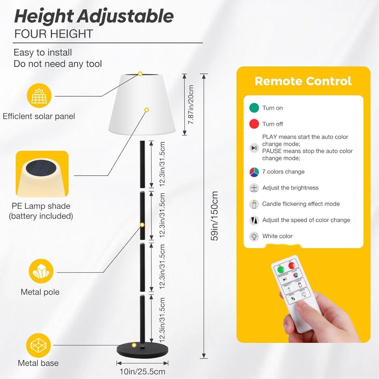 Licmic Solar Stehlampe Outdoor Stehlampe mit Lichtsensor,Dimmbar Warmweiß und RGB Akku stehlampe kabellos,USB Aufladbar LED Solarlampen für innen,Wasserdicht Stehlampe Außen für Terrassen、Garten. [Energieklasse F]