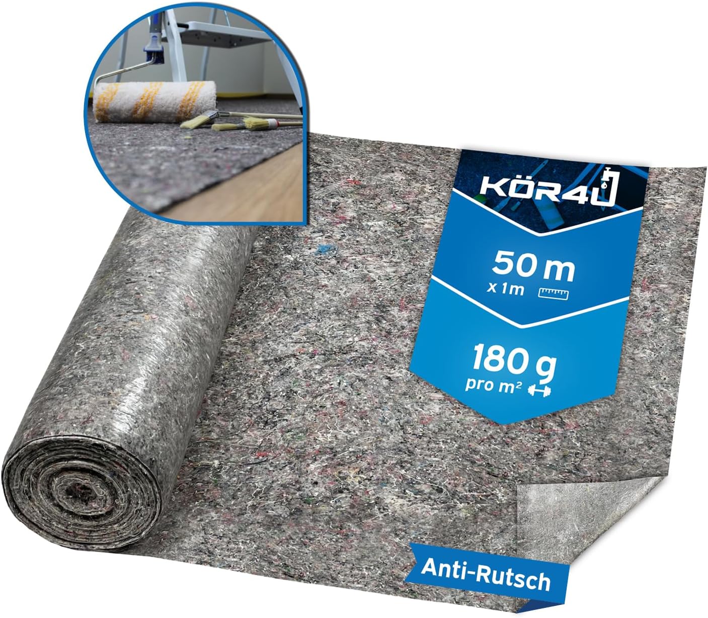 kör4u - Malervlies 50m, 180g Abdeckvlies – Staubdichtes, Rutschfestes Malervlies für Renovierungen, Umzüge und Heimwerkerprojekte