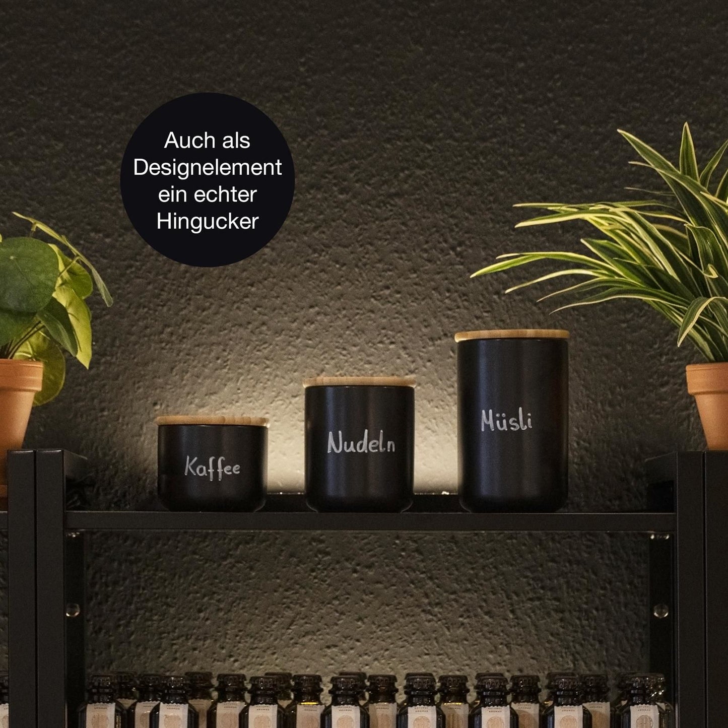 Moritz & Moritz 3x Vorratsdosen Schwarz 400ml, 600ml & 900 ml - Beschreibbar – 3x Keksdosen Keramik mit Deckel aus Bambus – Keramik Aufbewahrungsdose