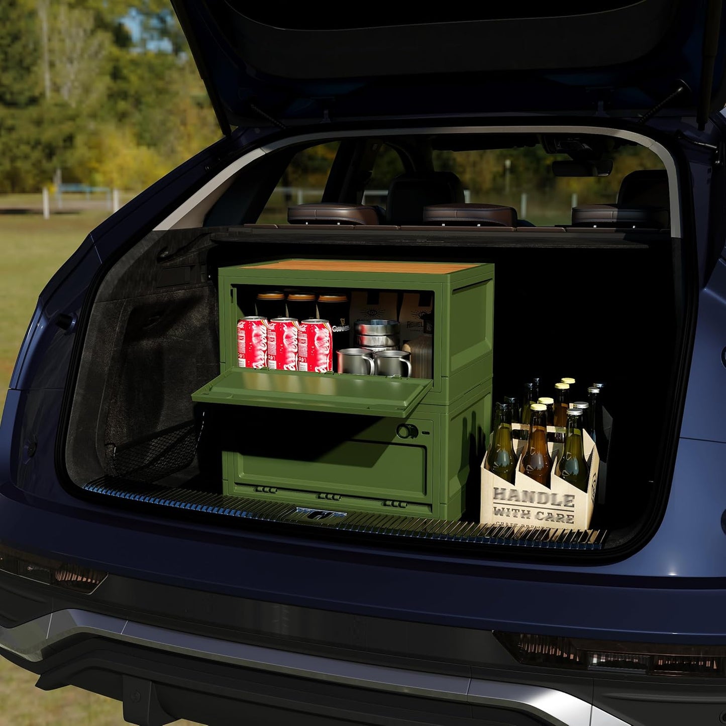 RMAN Set of 2 storage boxes with lids, 38L camping box with 4 wheels, camping cupboard, foldable trunk organiser, camping accessories for outdoor travel, camping, family - green
