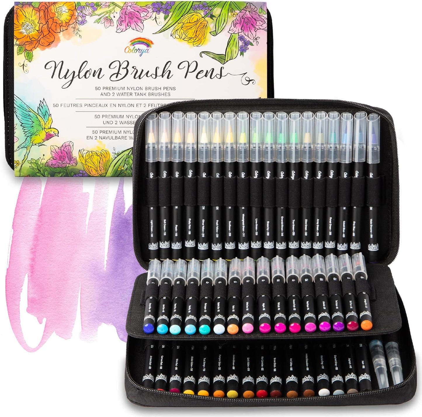 Brush Pen Set - 50-piece brush pen set from Colorya with nylon tip + 2 water-based brushes and carrying case, perfect for coloring books for adults, as handlettering pens for calligraphy, manga pens
